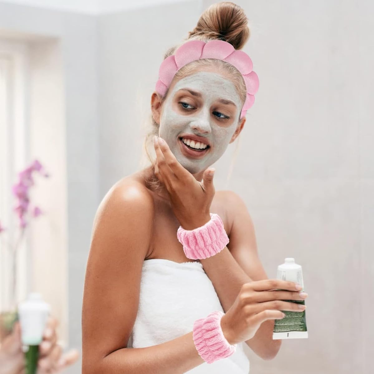 MAYCREATE® Face Wash Headband Wristband Set of 4Pcs Facial Headband for Face Washing Flannel Wristband Hair Band Combo for Makeup, Spa Headband for Women Sunflower Edge Sponge Headband, Pink MAYCREATE® Face Wash Headband Wristband Set of 4Pcs Facial Headband for Face Washing Flannel Wristband Hair Band Combo for Makeup, Spa Headband for Women Sunflower Edge Sponge Headband, Pink